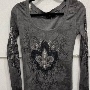 Miss Me Charcoal Grey Rhinestone Detail Fleur De Lis Long Sleeve Tee Shirt